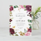 Carte Mariage floral rose, bordeaux et vert muet et figu (Debout devant)