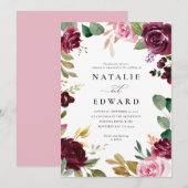 Carte Mariage floral rose, bordeaux et vert muet et figu (Devant / Derrière)