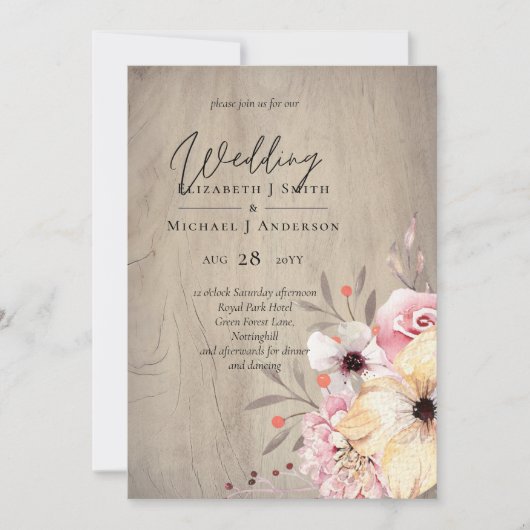 Carte Mariage Floral rose rousse rustique (Devant)