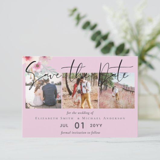Carte Mariage floral rose vif Enregistrer les dates (Debout devant)