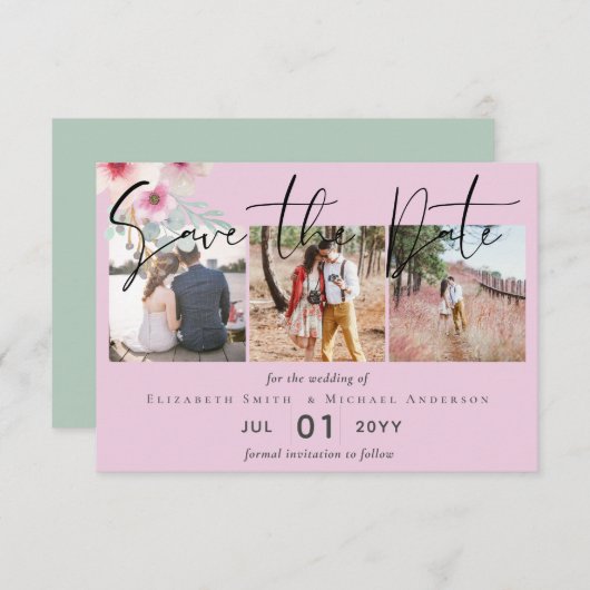 Carte Mariage floral rose vif Enregistrer les dates (Devant / Derrière)