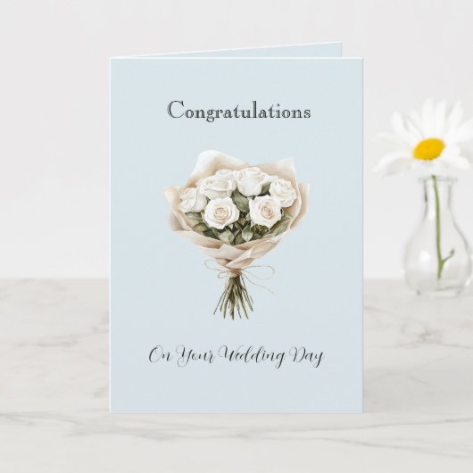 Carte Mariage Floral Roses Blanches Bleu Clair (Petite plante)