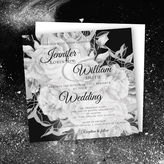 Carte Mariage floral simple noir et blanc élégant