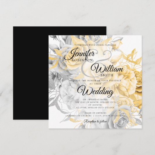 Carte Mariage floral sobre or et argent (Devant / Derrière)