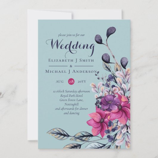 Carte Mariage floral vert Fuchsia Sage (Devant)