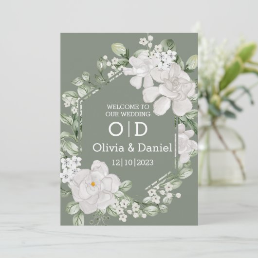 Carte Mariage Invitation Fleur Verte (Debout devant)