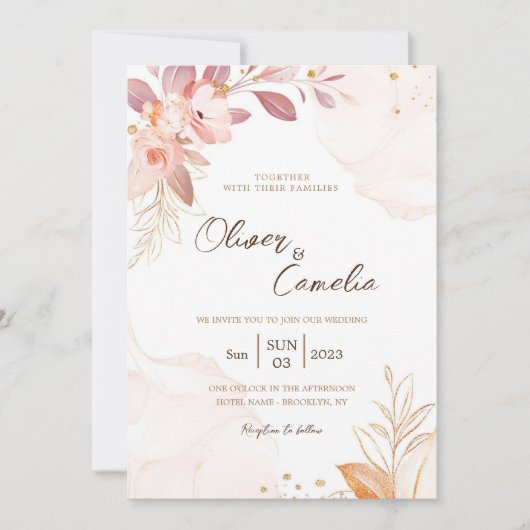 Carte mariage Invitation rose et marron (Devant)