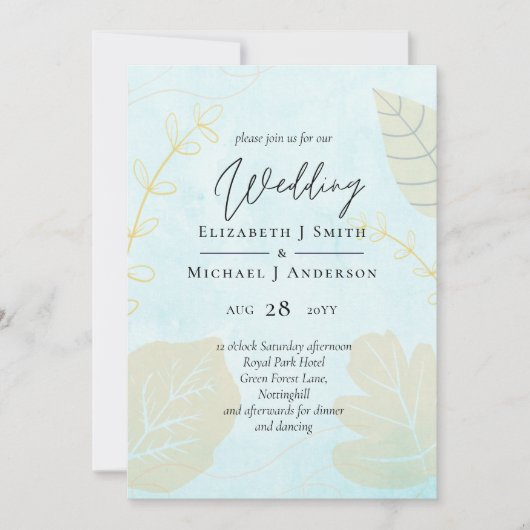 Carte Mariage le moins cher aquarelle bleu laver Script (Devant)