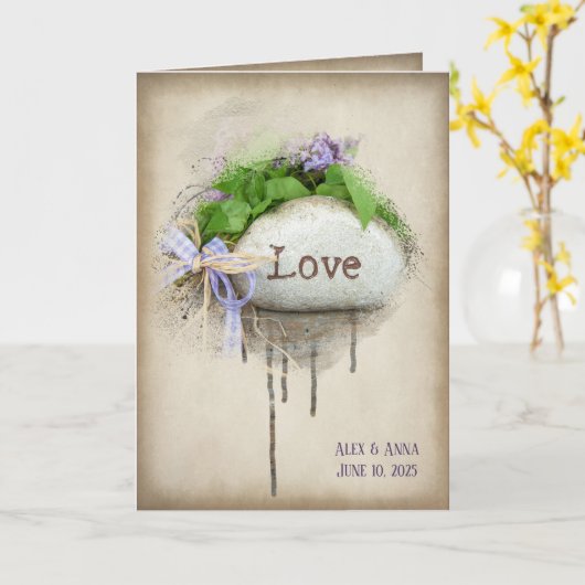 Carte mariage LOVE texte taillé dans la pierre (Fleur jaune)