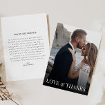 Carte Mariage Merci avec photo et message<br><div class="desc">Un carte de remerciements magnifiquement conçu avec un espace dédié en haut pour une photo chère, capturant un moment spécial ou la mémoire. En dessous de la photo, dans un script élégant et fluide, se trouve l'expression "Amour & Merci", qui exprime une gratitude sincère avec simplicité et grâce. Le côté...</div>