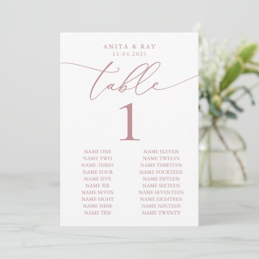 Carte Mariage minimaliste Dusty Rose | Table personnalis (Debout devant)