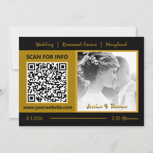 Carte Mariage moderne, Code QR, Photo, Noir / Or (Devant)