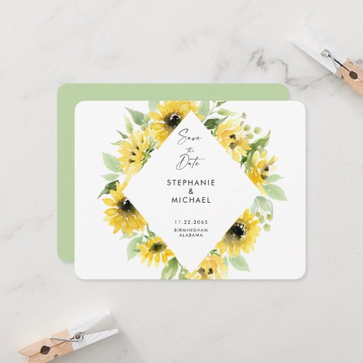 Carte Mariage moderne de Sunflowers Spray Enregistrer la (Devant/Arrière en situation)