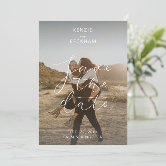 Carte Mariage moderne Enregistrer la date Photos Calligr (Debout devant)