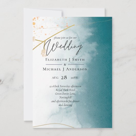 Carte Mariage moderne Misty Blue Gold (Devant)