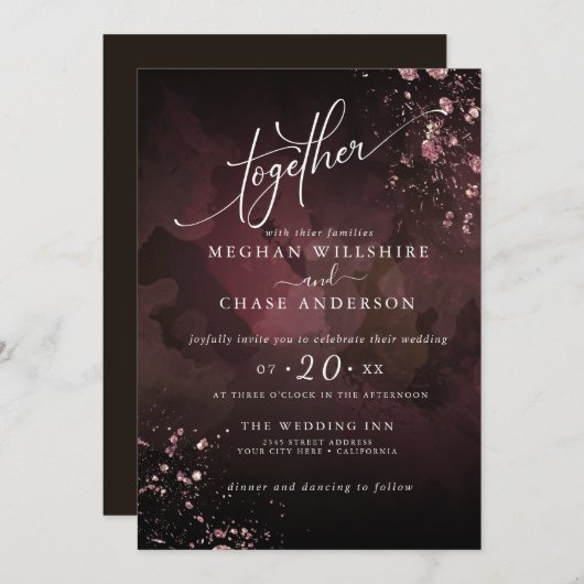 Carte MARIAGE | Moderne Moody Bourgogne Dusty Rose Jaspé (Devant / Derrière)
