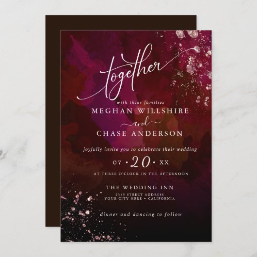 Carte MARIAGE | Moderne Moody Ruby Red Gemstone Jaspé (Devant / Derrière)