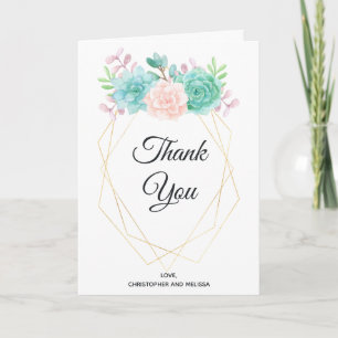 Carte Mariage moderne rose et vert Succulents Merci 