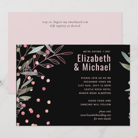 Carte Mariage moderne rose verdure (Devant / Derrière)