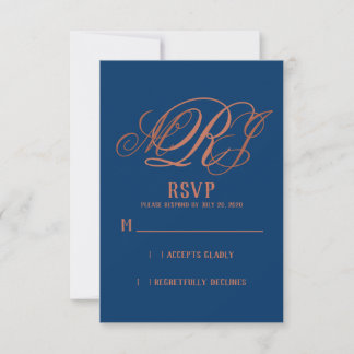 Carte Mariage Monogramme élégant en cuivre bleu marine R