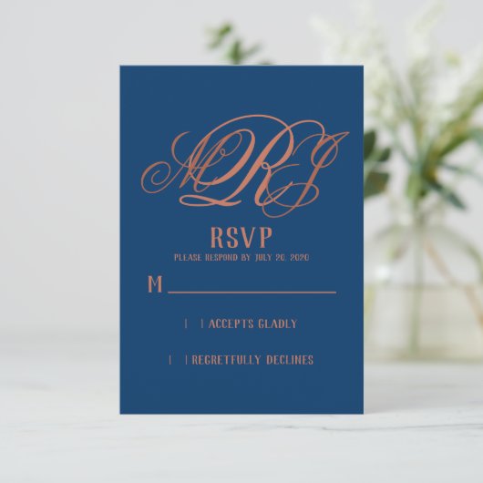 Carte Mariage Monogramme élégant en cuivre bleu marine R (Debout devant)
