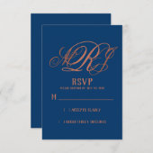 Carte Mariage Monogramme élégant en cuivre bleu marine R (Devant / Derrière)