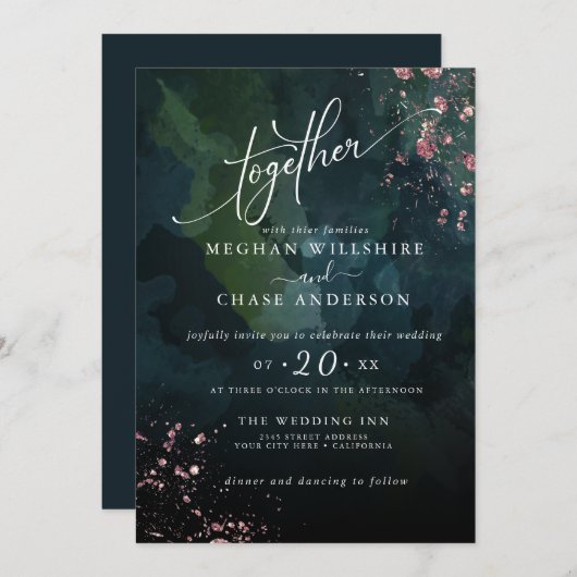Carte MARIAGE | Moody Deep Ocean Blue Jaspé (Devant / Derrière)