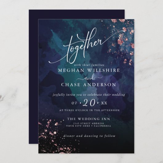 Carte MARIAGE | Moody Sapphire Blue Turquoise Jaspé (Devant / Derrière)