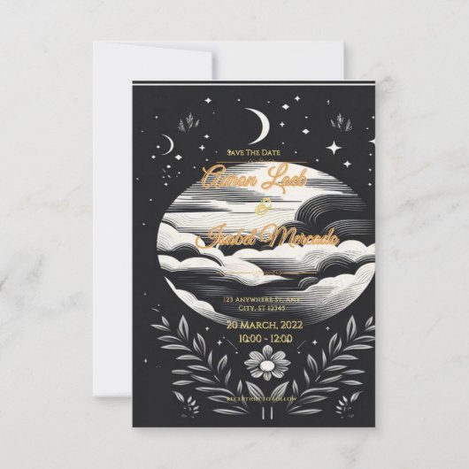 Carte mariage noir et blanc étoiles de lune (Devant)