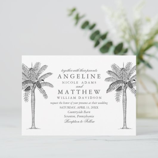 Carte Mariage noir et blanc Tropical Palm Tree (Debout devant)