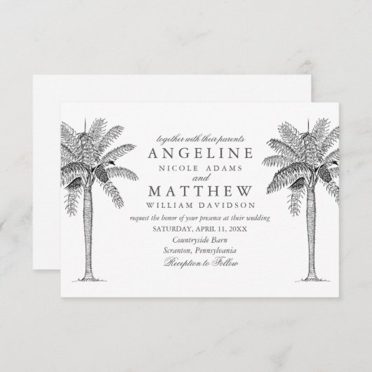 Carte Mariage noir et blanc Tropical Palm Tree (Devant / Derrière)