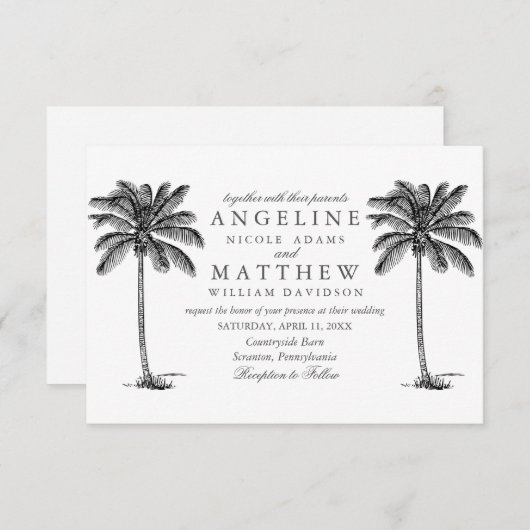 Carte Mariage noir et blanc Tropical Palm Tree (Devant / Derrière)
