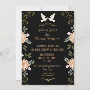 Carte mariage noire, or et florale