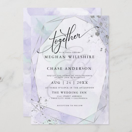 Carte MARIAGE | Pale Lilac Seafoam Green Silver Jaspé (Devant / Derrière)