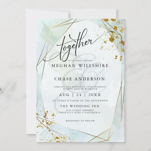 Carte MARIAGE | Pastel Dusty Blue Sage Gold Jaspé (Devant)
