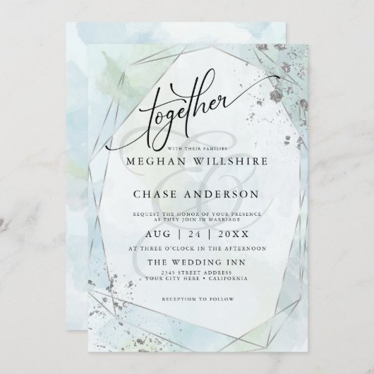 Carte MARIAGE | Pastel Dusty Blue Sage Silver Jaspé (Devant / Derrière)