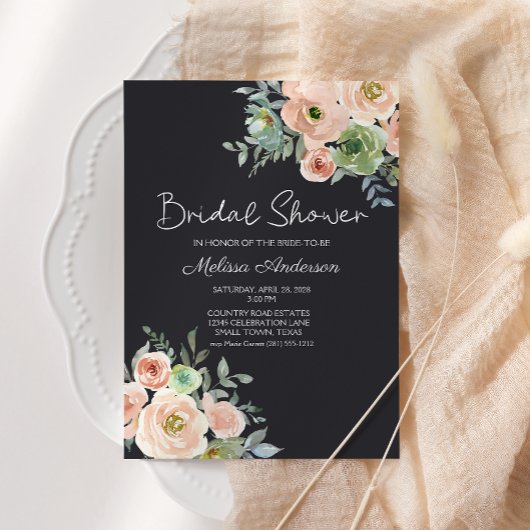 Carte Mariage Pastel Floral Vert pêche et Navy 