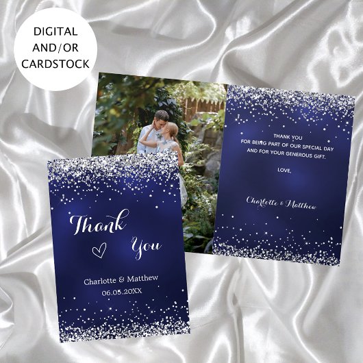 Carte Mariage photo bleu marine en argent merci
