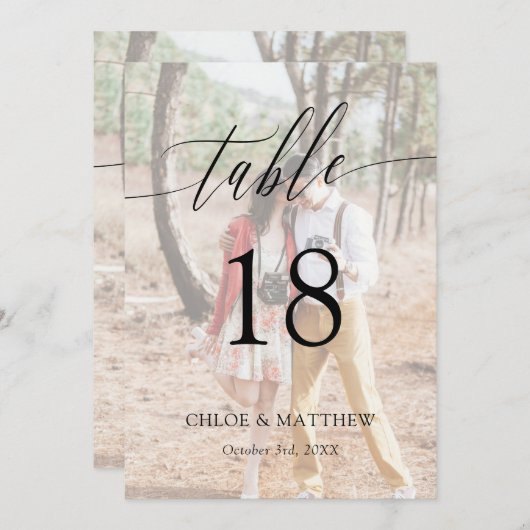 Carte Mariage photo de calligraphie délicate Numéro de t (Devant / Derrière)