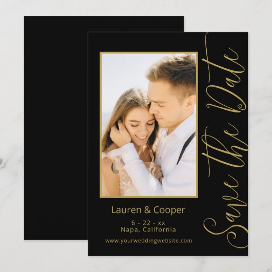 Carte Mariage Photo Script Vertical Or Noir (Devant / Derrière)