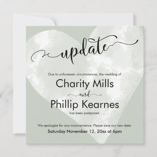 Carte Mariage reportée Heart on Sage Green Update (Devant)