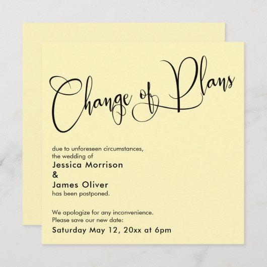 Carte Mariage reportée Pale Yellow Change Plans (Devant / Derrière)