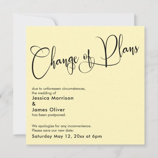 Carte Mariage reportée Pale Yellow Change Plans (Devant)
