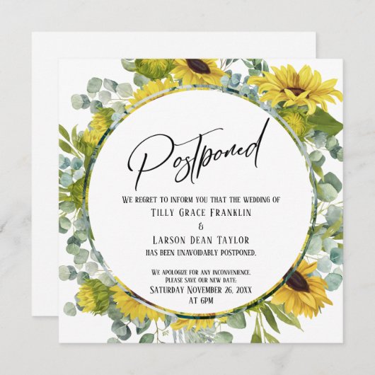 Carte Mariage reportée Sunflower Eucalyptus (Devant / Derrière)