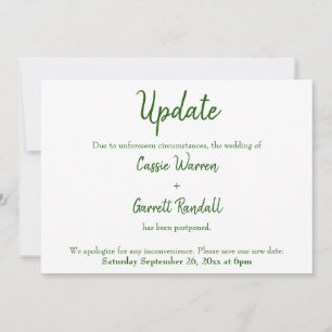 Carte Mariage reportée verte blanche "Mise à jour"