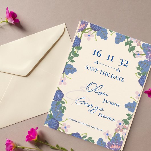 Carte Mariage romantique violet bleu floral Enregistrer