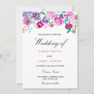 Carte Mariage rose violet et teint d'aquarelle