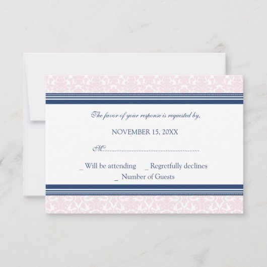 Carte Mariage RSVP Blue Blush Damask (Devant)