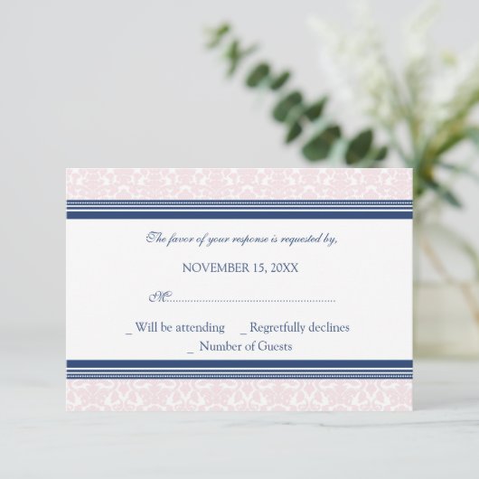 Carte Mariage RSVP Blue Blush Damask (Debout devant)