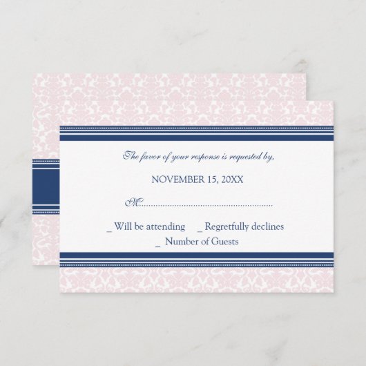 Carte Mariage RSVP Blue Blush Damask (Devant / Derrière)